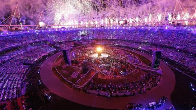 The Olympic cauldron is seen alight as fireworks are set off during the opening ceremony of the London 2012 Olympic Games (Reuters)