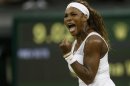 Serena Williams of the U.S. reacts after winning the first set during her women's singles tennis match against Kimiko Date-Krumm of Japan at the Wimbledon Tennis Championships, in London