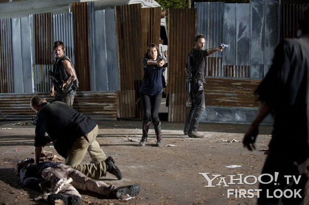 Merle Dixon (Michael Rooker), Daryl Dixon (Norman Reedus), Maggie Greene (Lauren Cohan) and Rick Grimes (Andrew Lincoln) in "The Walking Dead" Season 3 episode "The Suicide King."