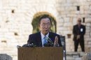 U.N. Secretary-General Ban Ki-moon speaks in front of international students participating in a model United Nations Conference at the U.N. compound in Jerusalem