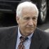 Former Penn State University assistant football coach Jerry Sandusky arrives for the first day of jury selection as his trial on 52 counts of child sexual abuse involving 10 boys over a period of 15 years gets underway at the Centre County Courthouse in Bellefonte, Pa., Tuesday, June 5, 2012. (AP Photo/Gene J. Puskar)