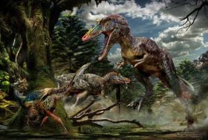 Two Qianzhousaurus sinensis individuals are pictured hunting in this handout artist&#39;s rendering