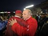 Stanford head coach David Shaw, left, is congratulated by Wisconsin head coach Barry Alvarez, right, following Stanford's 20-14 win in the Rose Bowl NCAA college football game, Tuesday, Jan. 1, 2013, in Pasadena, Calif. (AP Photo/Mark J. Terrill)