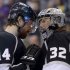 Los Angeles Kings right wing Justin Williams, left, greets goalie Jonathan Quick after their 2-1 win against the San Jose Sharks in Game 7 of the Western Conference semifinals in the NHL hockey Stanley Cup playoffs, Tuesday, May 28, 2013, in Los Angeles.  (AP Photo/Mark J. Terrill)