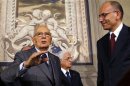 Il capo dello Stato Giorgio Napolitano e il premier incaricato Enrico Letta, al Quirinale per sciogliere la riserva e presentare la lista dei ministri che formeranno il suo governo