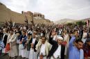 Houthi followers demonstrate against Saudi-led air strikes in Yemen's capital Sanaa
