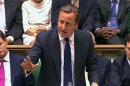 Britain's Prime Minister David Cameron is seen addressing the House of Commons in this still image taken from video in London