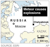 Map locates Chelyabinsk, Russia, where a meteor caused explosions in the area;