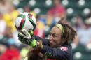 Switzerland goalie Gaelle Thalmann makes the save as Cameroon's Yvonne Leuko (4) challenges for the ball during the first half of a FIFA Women's World Cup soccer match, Tuesday, June 16, 2015 in Edmonton, Alberta, Canada. (Jason Franson/The Canadian Press via AP) MANDATORY CREDIT
