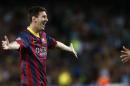 Barcelona's Messi celebrates scoring a goal against Ajax during their Champions League soccer match at Camp Nou stadium in Barcelona