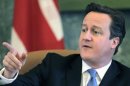 Britain's PM Cameron gestures as he speaks during a news conference in Riga