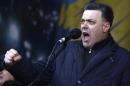 Ukrainian opposition leader Oleh Tyahnybok addresses anti-government protesters during a rally in central Kiev