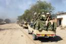 Chadian soldiers patrol in the Nigerian border town of Gamboru after taking control of the city on February 4, 2015