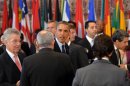 US President Barack Obama greets other leaders at the UN General Assembly in New York on September 24, 2013
