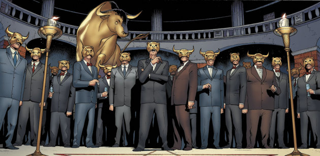 This image provided by Valiant Comics shows a panel featuring “The One Percent" from the first issue of "Archer & Armstrong." “Archer & Armstrong” _ an odd couple of an ancient immortal and a home-schooled and well-trained teenager acting as a fist of God _ find themselves at the cabal's mercy deep under Wall Street in ancient crypt where they find out about a plot to stabilize the euro _ and boost profits, too _ by destroying Greece. (AP Photo/Courtesy Valiant Comics)
