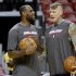 Miami Heat's LeBron James, left, talks with Chris Andersen, right, during NBA basketball practice, Wednesday, June 5, 2013 in Miami. The Heat play the San Antonio Spurs in Game 1 of the NBA Finals on Thursday. (AP Photo/Lynne Sladky)