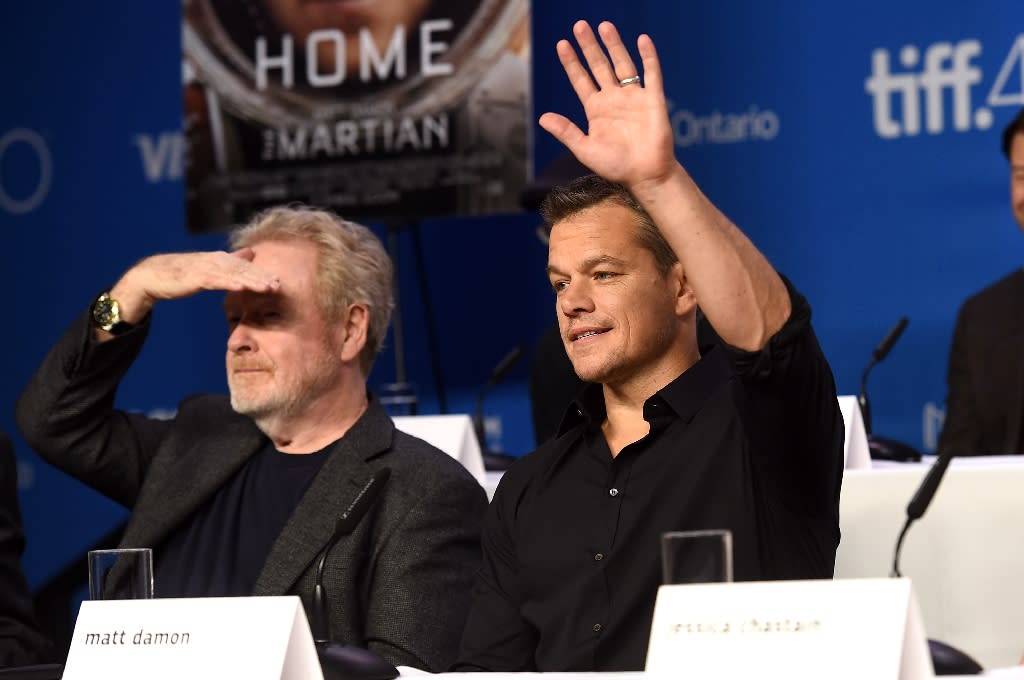 Director Ridley Scott (L) and actor Matt Damon speak onstage during the &#39;The Martian&#39; press conference at the Toronto International Film Festival, at TIFF Bell Lightbox, on September 11, 2015