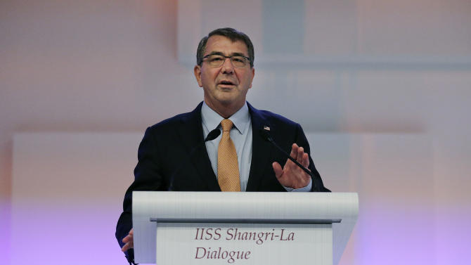 U.S. Secretary of Defense Ashton Carter delivers his speech about &quot;The United States and Challenges to Asia-Pacific Security&quot; during the 14th International Institute for Strategic Studies Shangri-la Dialogue (IISS) Asia Security Summit, Saturday, May 30, 2015, in Singapore. (AP Photo/Wong Maye-E)