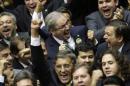 Deputy Eduardo Cunha reacts after being elected as the President of the Chamber of Deputies during a session in the plenary of the House of Representatives in Brasilia