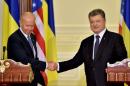 File picture shows Ukrainian President Poroshenko shaking hands with U.S. Vice President Biden after their talks in Kiev