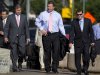 Former Major League Baseball pitcher Roger Clemens, center, arrives at federal court  in Washington, Tuesday, May 29, 2012, for his perjury trial.  (AP Photo/Evan Vucci)