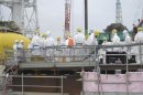 Workers wearing protective suits, work for removing unused nuclear fuel assemblies stored in the spent fuel pool of TEPCO's tsunami-crippled Fukushima Daiichi Nuclear Power Plant No. 4 reactor building in Fukushima prefecture