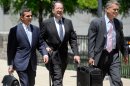 Presidential memorabilia collector Barry Landau, center, arrives at federal court for his sentencing hearing in Baltimore Wednesday, June 27, 2012. He pleaded guilty in February to stealing thousands of documents from historical societies and libraries nationwide. (AP Photo/Steve Ruark)
