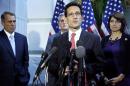 U.S. Majority Leader Cantor speaks to reporters at the U.S. Capitol in Washington
