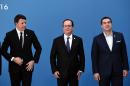 Greek Prime Minister Alexis Tsipras (right), French President Francois Hollande (centre) and Italian Prime Minister Matteos Renzi pose for a photo during the EU MED Mediterranean Economies Summit in Athens on September 9 2016