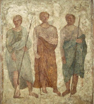 'Tres hombres armados con lanzas', mural de la Colección Campana, en el Louvre | Crédito: J. Bianca Jackson