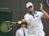 Andy Roddick of the U.S. hits a return to Jamie Baker of Britain during their men's singles tennis match at the Wimbledon tennis championships in London