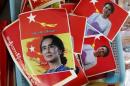 Aung San Suu Kyi stickers for sale are seen at the National League for Democracy headquarters ahead of Sunday's general election in Yangon