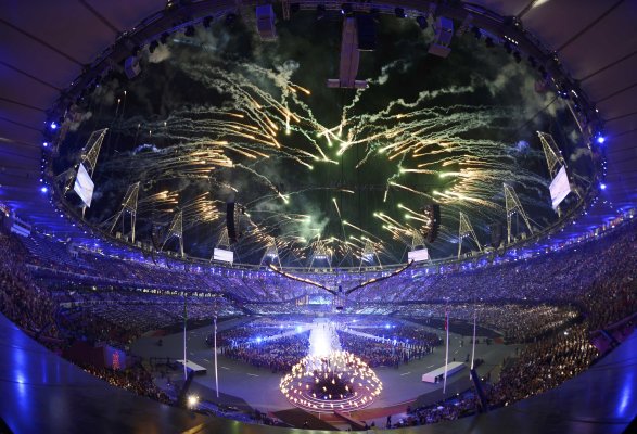 Fireworks explode over the Olympic Stadium during the closing ceremony of the London 2012 Olympic Games