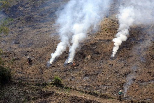 Farmers work on a forest turned field on the flank of a hill in the northern province of Samneua, Laos on April 5, 2008