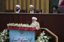 In this photo released by the official website of the office of the Iranian Presidency, hard-line Iranian cleric Ayatollah Ahmad Jannati speaks during inaugural meeting of the Assembly of Experts in Tehran, Iran, Tuesday, May 24, 2016. Jannati was chosen on Tuesday as speaker of the Assembly of Experts, a clerical body that is mainly tasked with selecting the country's supreme leader. The official IRNA news agency said 89-year-old Ayatollah Ahmad Jannati won 51 votes in the 88-seat Assembly and would serve as speaker for the next two years. (Iranian Presidency Office via AP)
