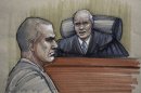 In this courtroom sketch, David Coleman Headley, 52, left, appears before U.S. District Judge Harry Leinenweber at federal court in Chicago, Thursday, Jan. 24, 2013, as Leinenweber imposes a sentence of 35 years in prison for the key role Headley played in a 2008 terrorist attack on Mumbai that has been called India's 9/11. (AP Photo/Tom Gianni)