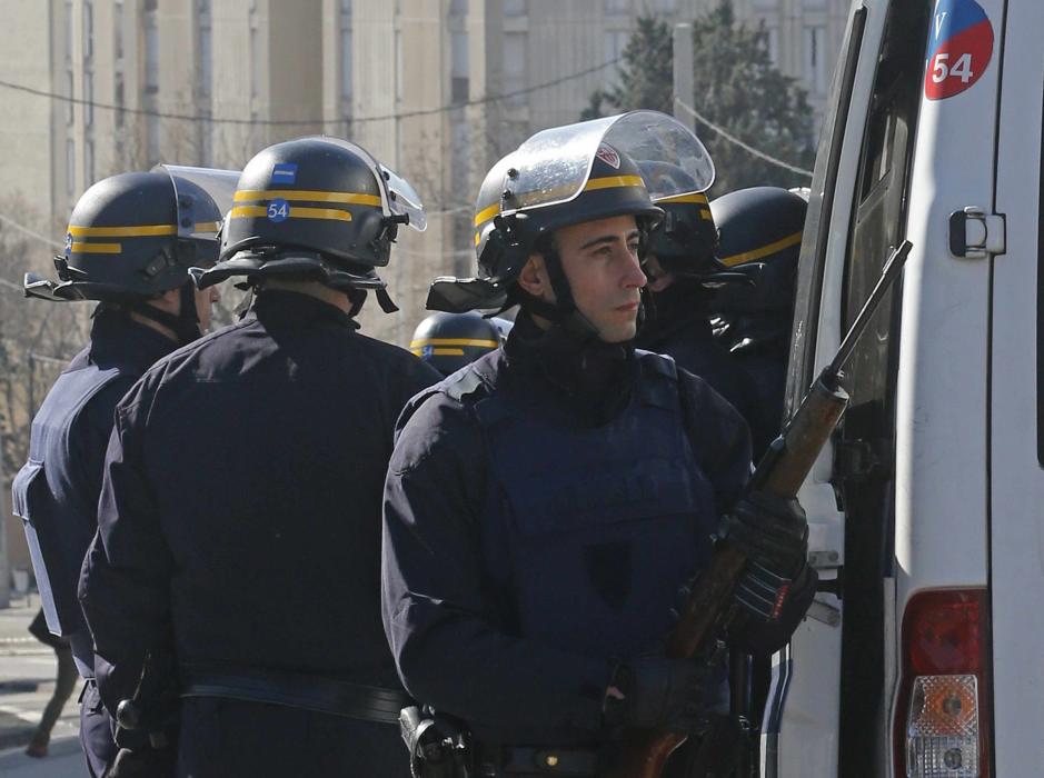 French CRS riot police officers secure the access to the Castellane housing area in Marseille