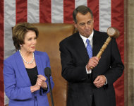 <p>               House Minority Leader Nancy Pelosi of Calif. applauds after handing the gavel to House Speaker John Boehner of Ohio who was re-elected as House Speaker of the 113th Congress, Thursday, Jan. 3, 2013, on Capitol Hill in Washington. (AP Photo/Susan Walsh)