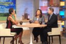 This image released by ABC shows host Robin Roberts, left, with Juror B29 from the George Zimmerman trial, center, and attorney David Chico on "Good Morning America," in New York on Thursday, July 25, 2013. Portions of Roberts' interview with the only minority juror from the Zimmerman trial, will air on "World News Tonight with Diane Sawyer," and "Nightline" on Thursday and the full interview will air on "Good Morning America," on Friday. (AP Photo/ABC, Donna Svennevik)