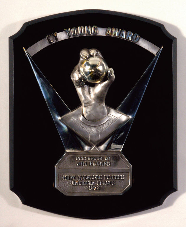 This photo released by Hunt Auctions shows one of three Cy Young Awards and two Gold Gloves awarded to former Baltimore Orioles pitcher Jim Palmer. Palmer no longer has any need for his Cy Young award