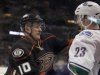 Anaheim Ducks' Perry attempts to incite Vancouver Canucks' Edler into a fight during their NHL hockey game in Anaheim