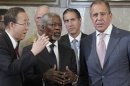 Joint Special Envoy of the United Nations and the Arab League for Syria Annan speaks with Russia's Foreign Minister Lavrov next to UN Secretary-General Ban at the start of the meeting of the Action Group on Syria in Geneva