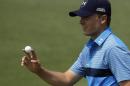 Jordan Spieth holds up his ball a birdie on the second hole during the first round of the Masters golf tournament Thursday, April 9, 2015, in Augusta, Ga. (AP Photo/Chris Carlson)