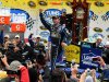 Jimmie Johnson celebrates in Victory Lane after winning the NASCAR Sprint Cup Series auto race at Martinsville Speedway, Sunday, Oct. 28, 2012, in Martinsville, Va. (AP Photo/Don Petersen)