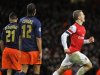 Arsenal's Wilshere celebrates scoring as Montpellier's Congre and El Kaoutari look on during their Champions League Group B soccer match in London
