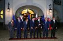 EU Council President Tusk, EU Commission President Juncker and EU Parliament President Schulz pose with Slovakia's Prime Minister Fico in Bratislava