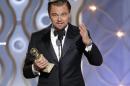 This image released by NBC shows Leonardo DiCaprio accepting the award for best actor in a motion picture comedy for his role in "The Wolf of Wall Street" during the 71st annual Golden Globe Awards at the Beverly Hilton Hotel on Sunday, Jan. 12, 2014, in Beverly Hills, Calif. (AP Photo/NBC, Paul Drinkwater)