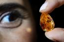 A model shows "The Orange", a 14.82-carat pear-shaped, vivid orange diamond, during a press preview on October 31, 2013 in Geneva