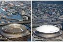 This combination of Aug. 30, 2005 and July 29, 2015 aerial photos shows downtown New Orleans and the Superdome flooded by Hurricane Katrina and the same area a decade later. Katrina's powerful winds and driving rain bore down on Louisiana on Aug. 29, 2005. The storm caused major damage to the Gulf Coast from Texas to central Florida while powering a storm surge that breached the system of levees that were built to protect New Orleans from flooding. (AP Photo/David J. Phillip, Gerald Herbert)