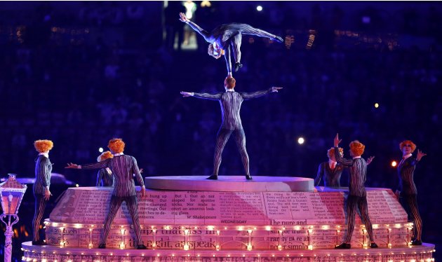 Performers take part in the closing ceremony of the London 2012 Olympic Games at the Olympic Stadium